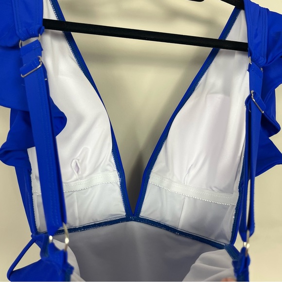 ONE PIECE SWIMSUIT PLUNGE V RUFFLE NECKLINE WITH BELT COBALT BLUE SIZE XL - Picture 14 of 15